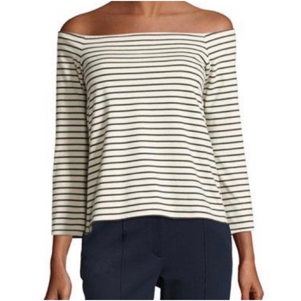Theory Aprine Classic Stripe Knit Top S Navy Cream Bateau Neck 3/4 Sleeve